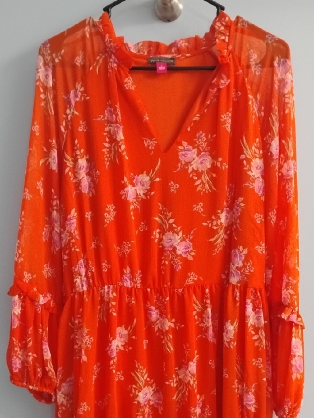 Vince Camuto Orange Long Sleeve Floral Midi Dress Size Large